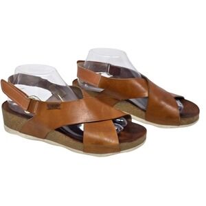 Pikolinos Mahon Women Brandy Leather Wedge Platform Slingback Sandal Size 9 $175
